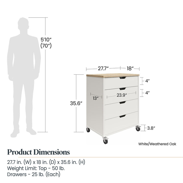 Durable 4 Drawer Storage Cart with Locking Castors -  Weathered Oak