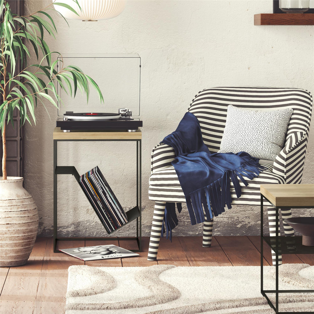 Side Table Mixed Media Record Station with Lower Shelf for Records - Natural