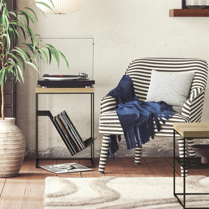 Side Table Mixed Media Record Station with Lower Shelf for Records - Natural