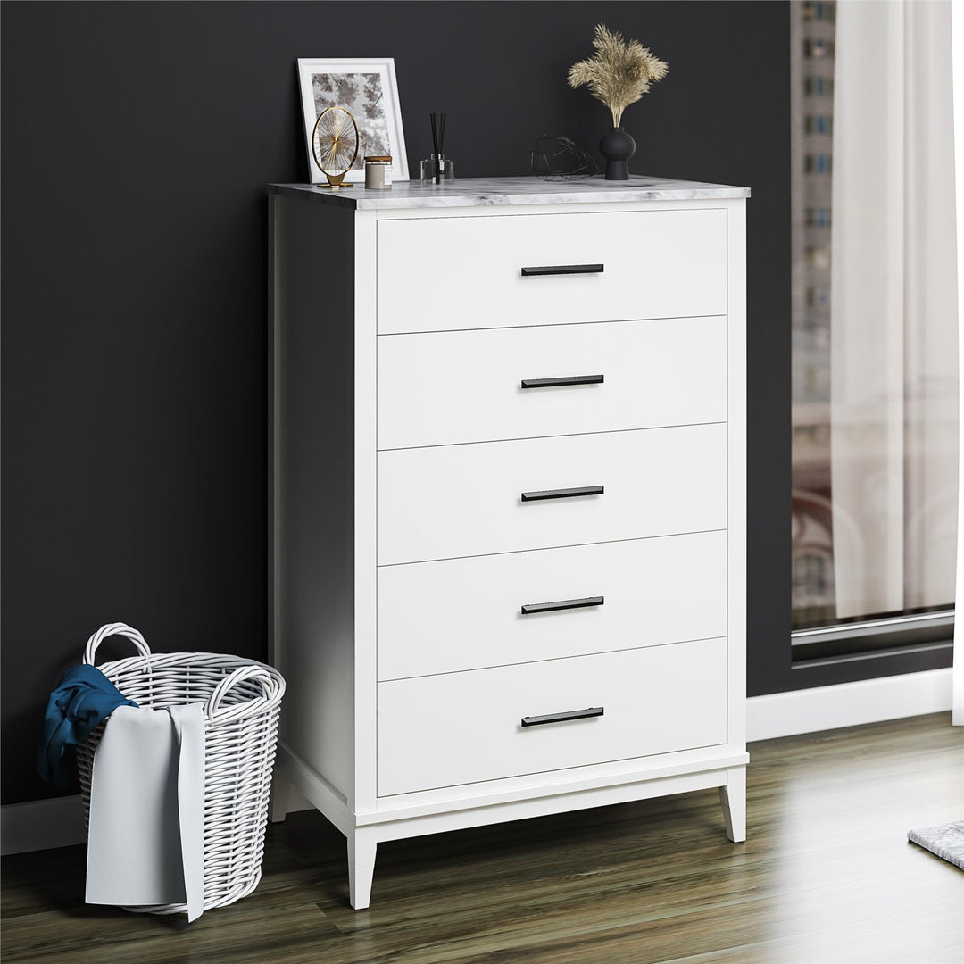 Tall Dresser with Tapered Legs and Marble Top -  White