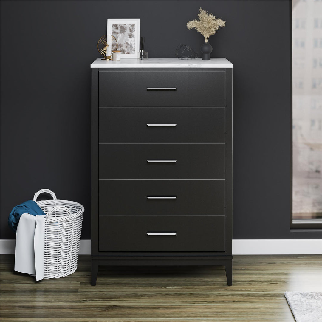 Easy to Clean 5 Drawer Dresser with Marble Top -  Black