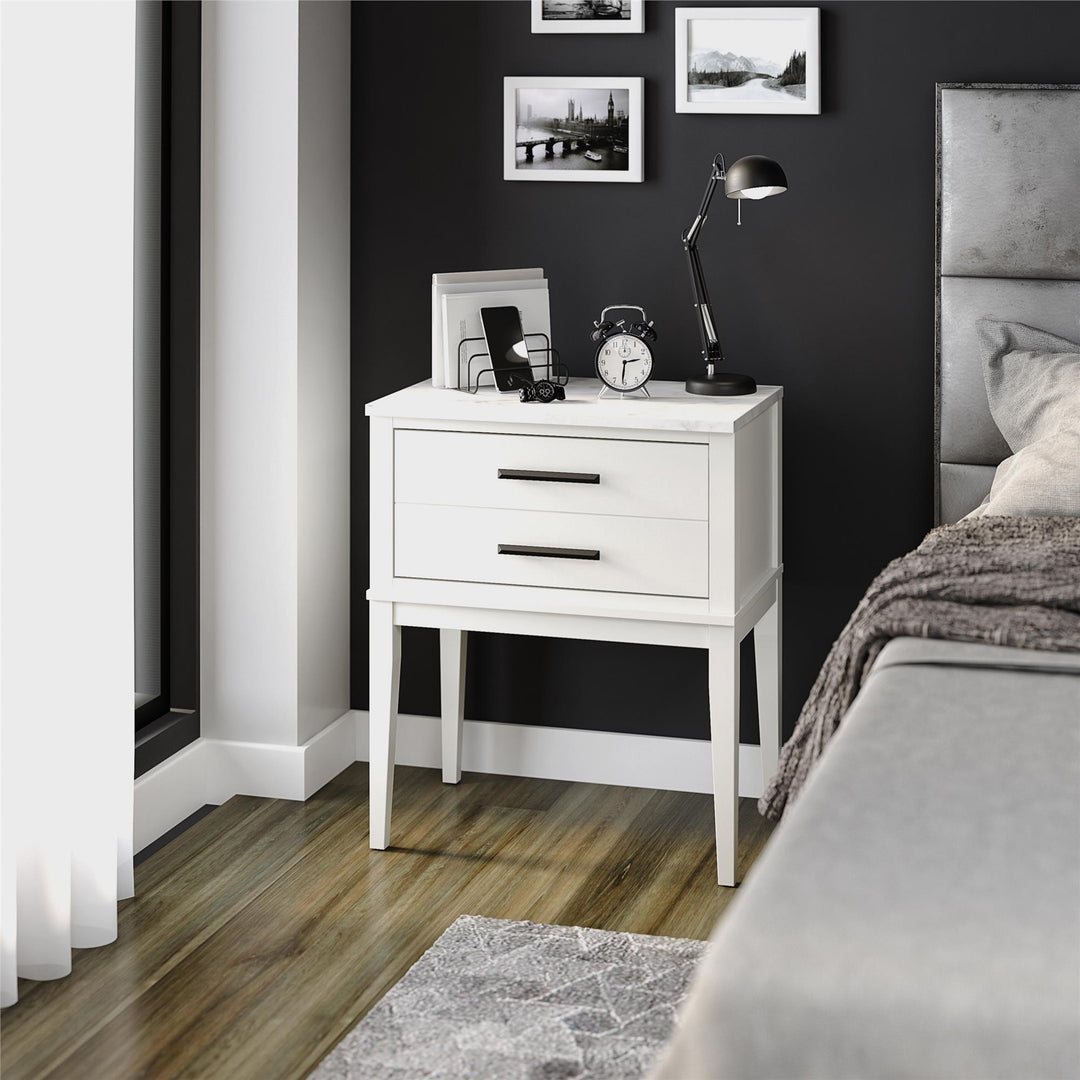 Nightstand with Tapered Legs and Marble Top -  White