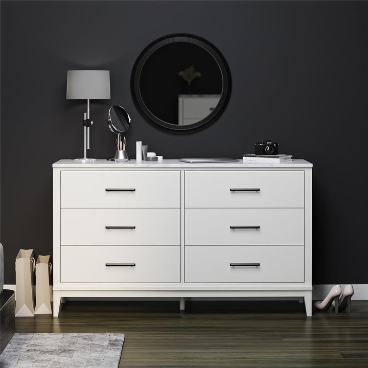 Lynnhaven Modern Wide 6 Drawer Dresser with Tapered Legs & Marble Top - White