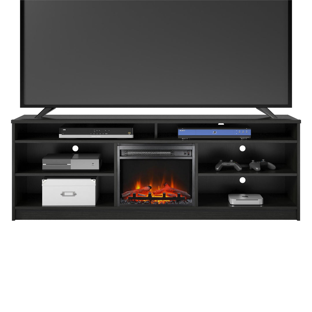 Hendrix 75 Inch TV Stand with Electric Fireplace Insert and 6 Shelves  -  Black Oak