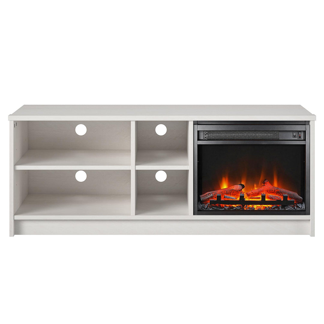Asymmetrical TV Stand with Fireplace and Shelves -  Ivory Oak