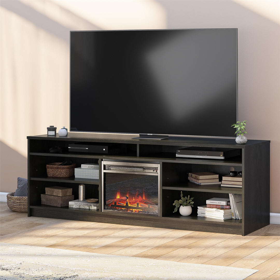 Hendrix 75 Inch TV Stand with Electric Fireplace -  Black Oak