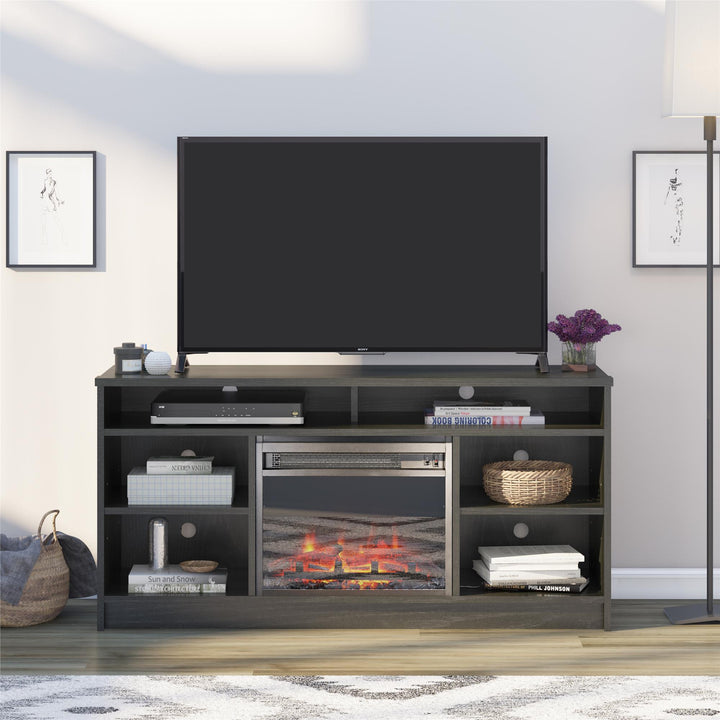 TV Stand with Electric Fireplace Insert and 6 Shelves -  Black Oak
