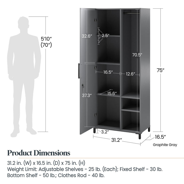 Shelby Tall Garage Cabinet with 1 Door & Hanging Rod - Graphite