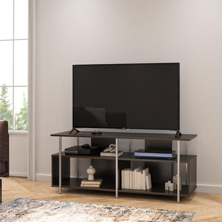 Alonso Mixed Media TV Stand with 4 Open Shelves for TVs up to 69 Inches - Espresso