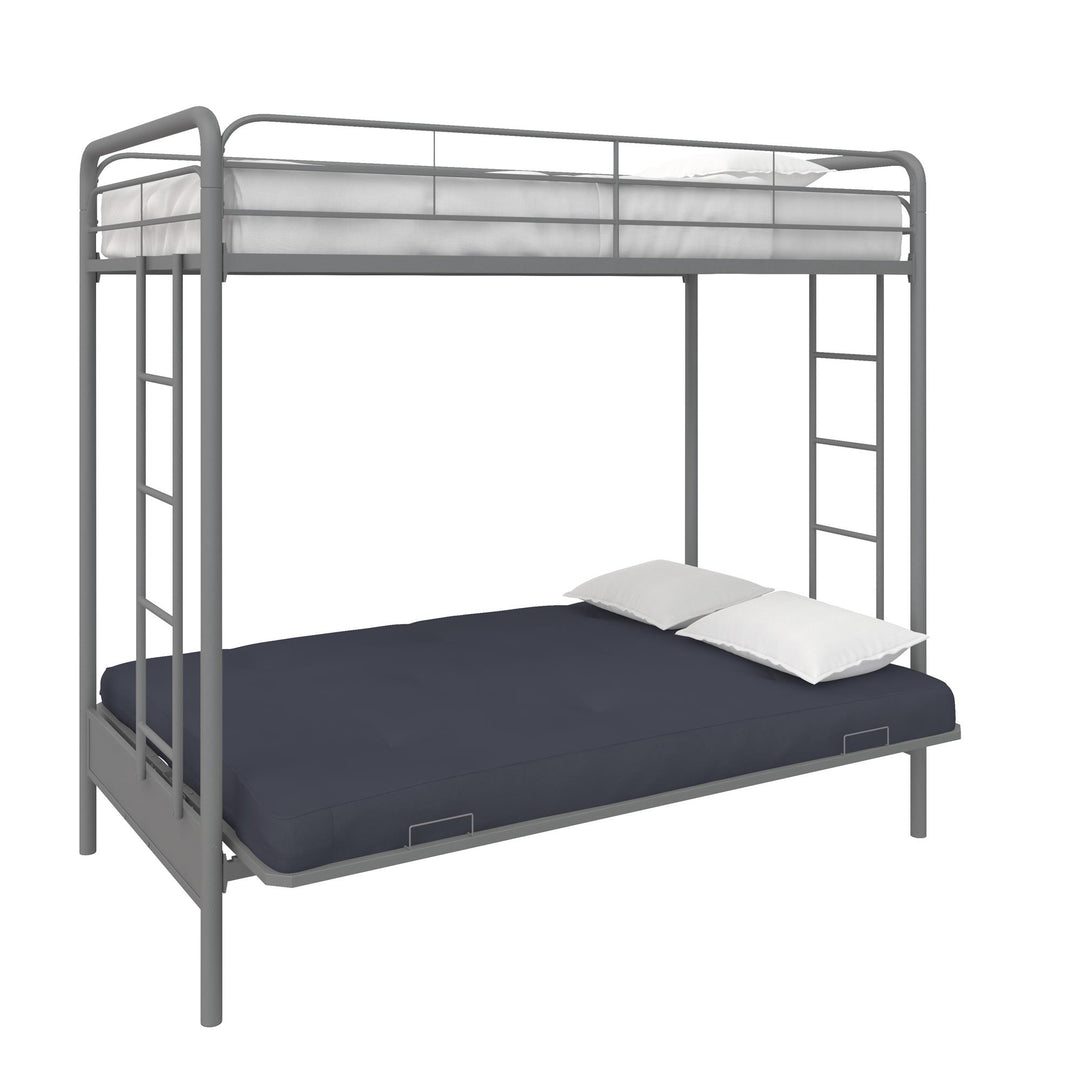 Metal Bunk Bed with Integrated Ladders -  Silver  - Twin-Over-Futon
