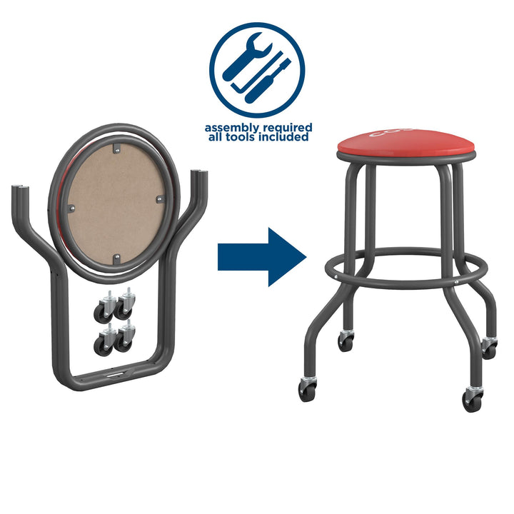 All Steel Vinyl Work Seat with Rolling Casters with 300lb weight capacity - Red - 1-Pack