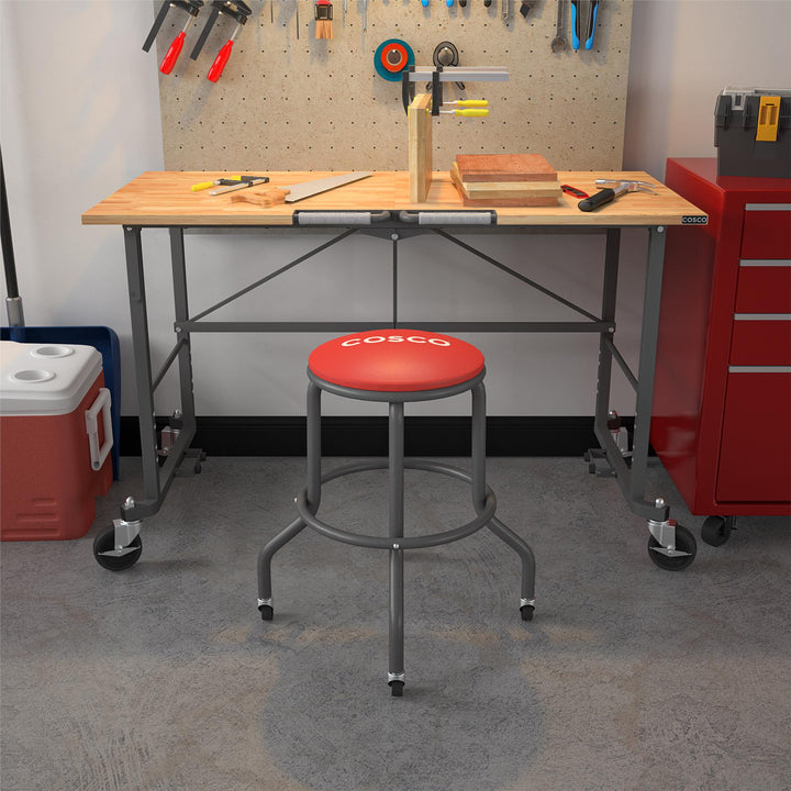 All Steel Vinyl Work Seat with Rolling Casters with 300lb weight capacity - Red - 1-Pack