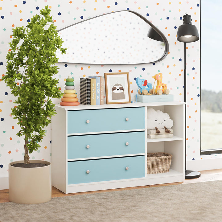 Mya Park Wide Dresser with 3 Fabric Storage Bins - Light Blue