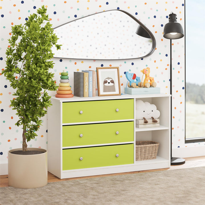 Stylish Wide Dresser with Fabric Bins -  Apple Green