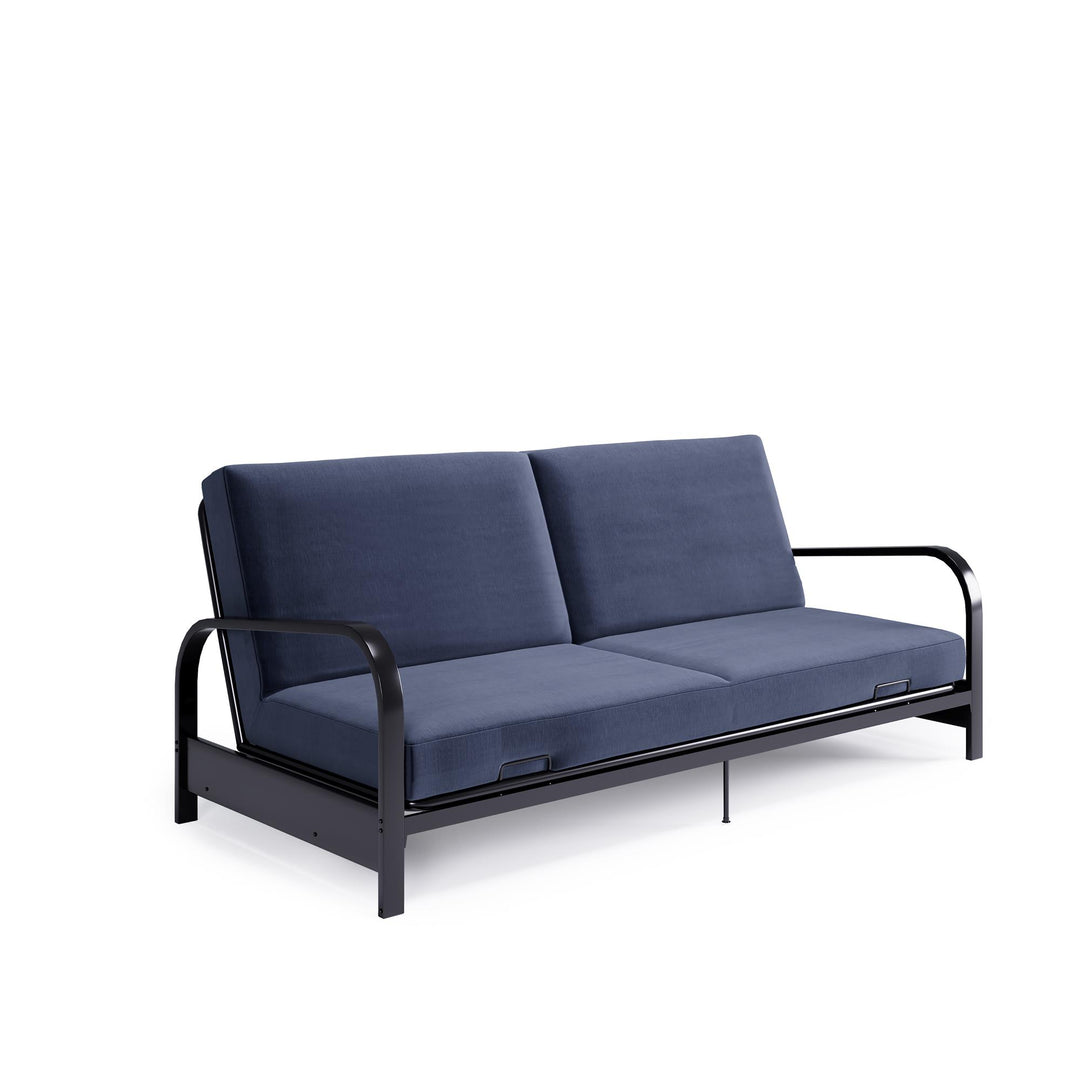 Karli Black Metal Arm Futon Frame with 6" Blue Mattress and EXTRA Black Mattress Cover - Blue