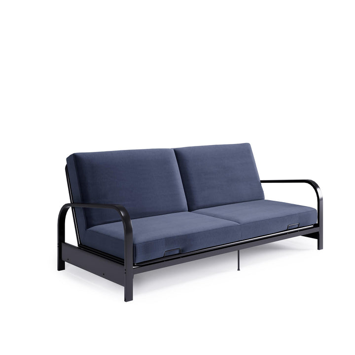 Karli Black Metal Arm Futon Frame with 6" Blue Mattress and EXTRA Black Mattress Cover - Blue