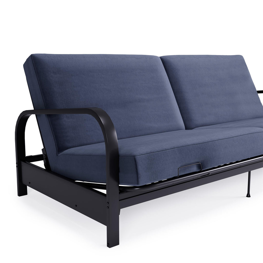 Karli Black Metal Arm Futon Frame with 6" Blue Mattress and EXTRA Black Mattress Cover - Blue