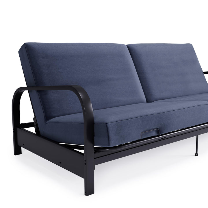 Karli Black Metal Arm Futon Frame with 6" Blue Mattress and EXTRA Black Mattress Cover - Blue