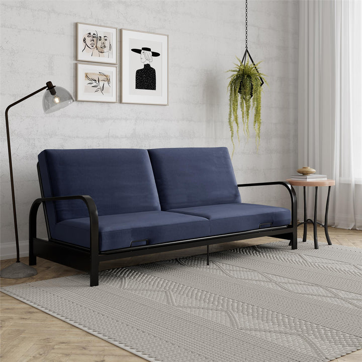 Karli Black Metal Arm Futon Frame with 6" Blue Mattress and EXTRA Black Mattress Cover - Blue