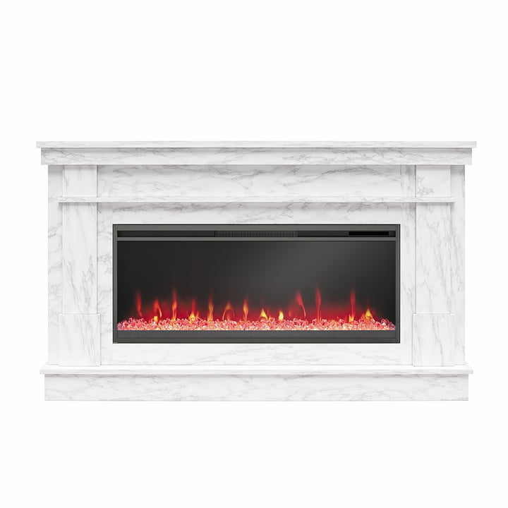 Waverly Wide Mantel with Linear Electric Fireplace & Crystal Ember Bed - White marble
