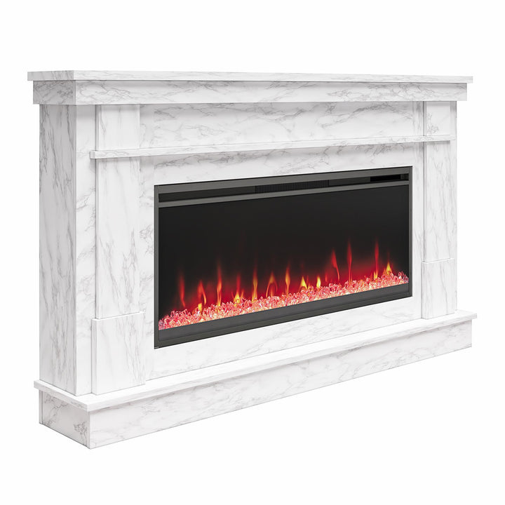 Waverly Wide Mantel with Linear Electric Fireplace & Crystal Ember Bed  -  White marble