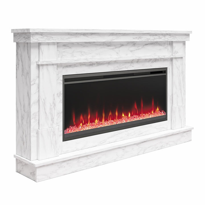 Waverly Wide Mantel with Linear Electric Fireplace & Crystal Ember Bed - White marble