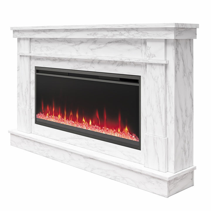 Waverly Wide Mantel with Linear Electric Fireplace & Crystal Ember Bed - White marble