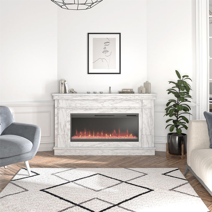 Waverly Wide Mantel with Linear Electric Fireplace & Crystal Ember Bed - White marble