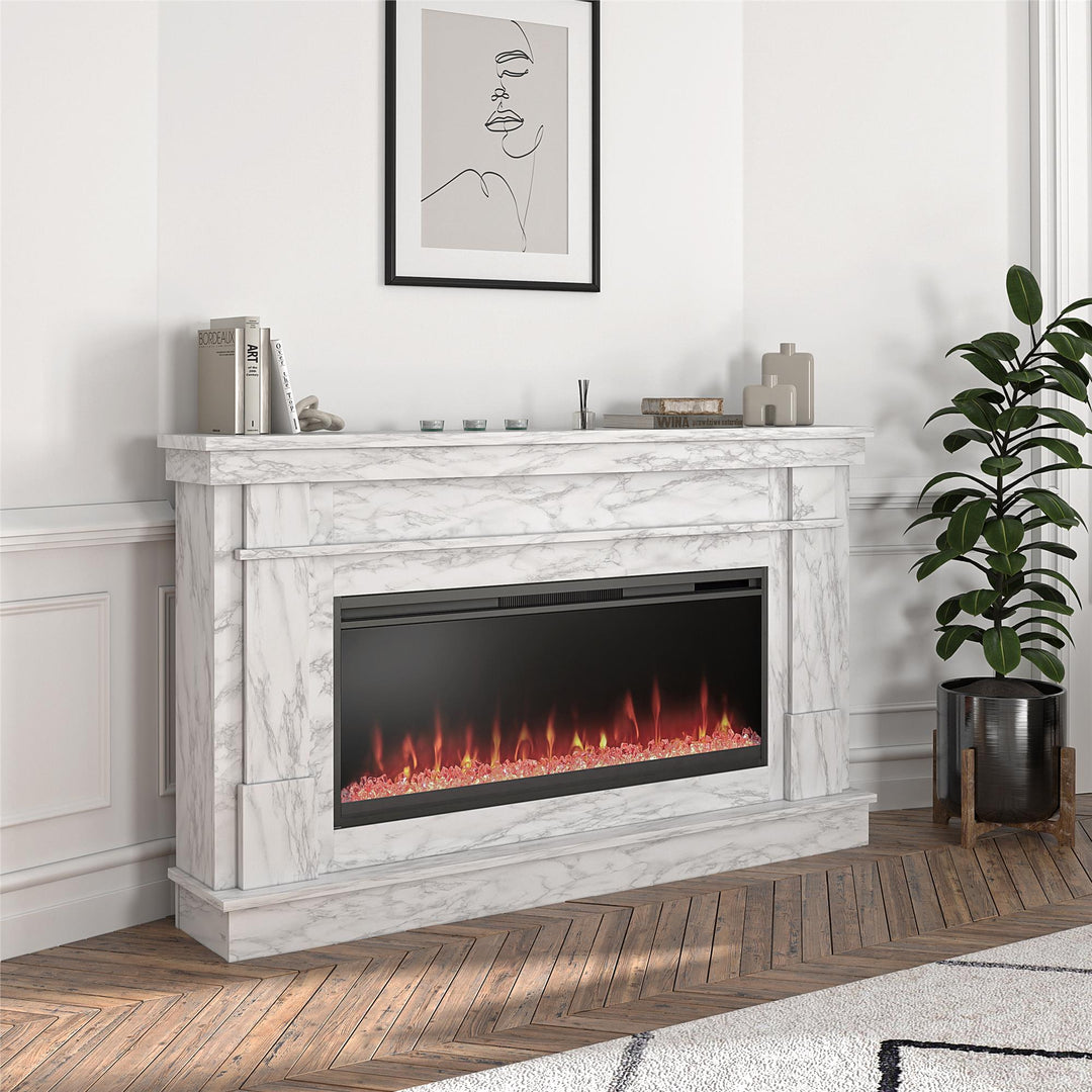 Modern Waverly Wide Mantel Fireplace -  White marble