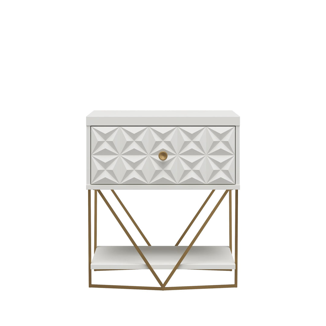 Gold Base Accent Table with Drawer -  White