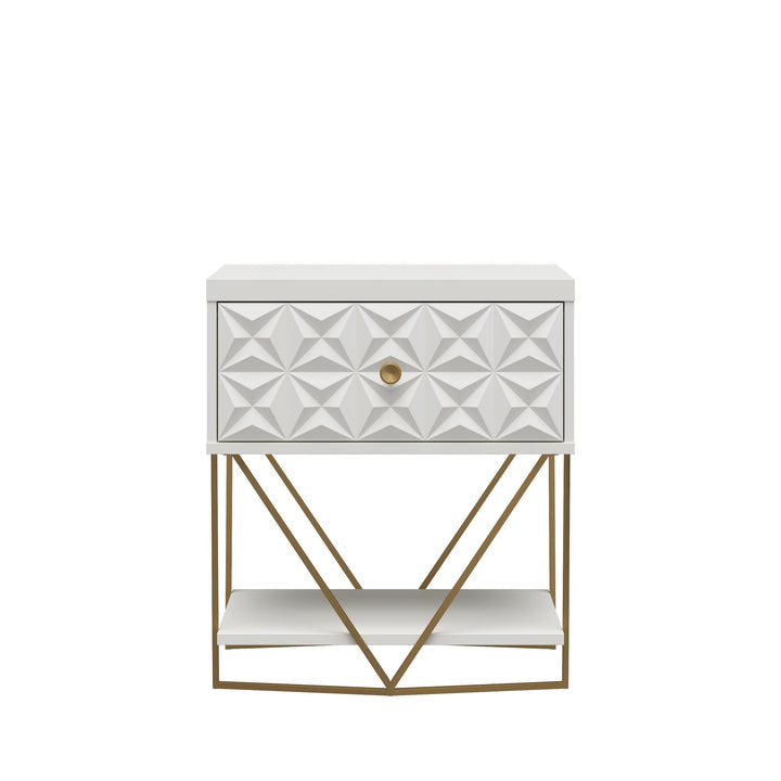 Gold Base Accent Table with Drawer -  White