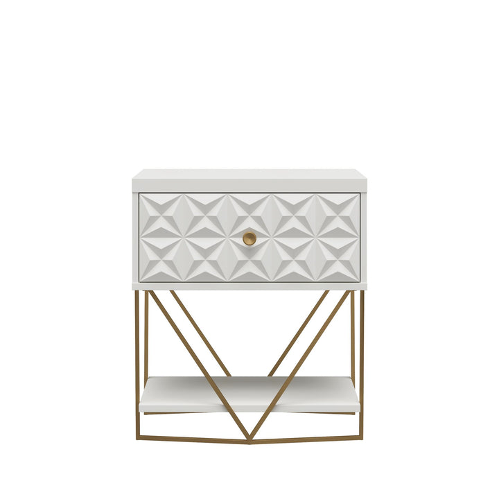 Gold Base Accent Table with Drawer -  White