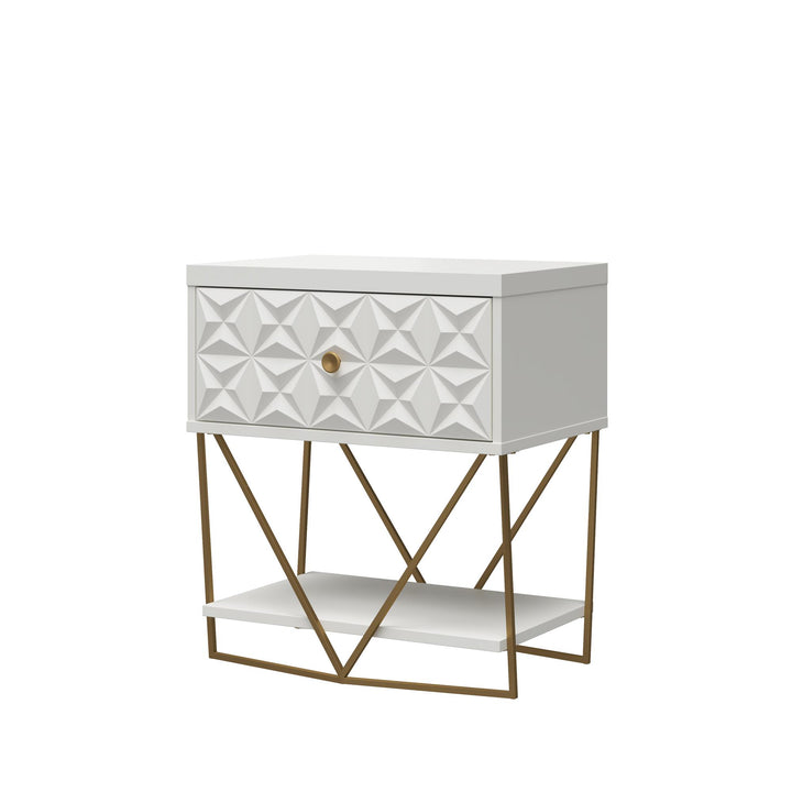 Blair Art Deco Accent Table with 1 Drawer and Gold Metal Base -  White