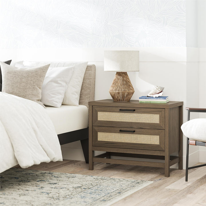 Lennon 2 Drawer Wide Nightstand with Faux Rattan - Medium Brown