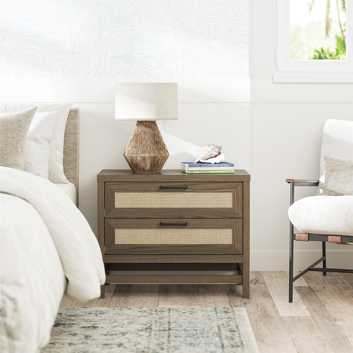 Lennon 2 Drawer Wide Nightstand with Faux Rattan - Medium Brown