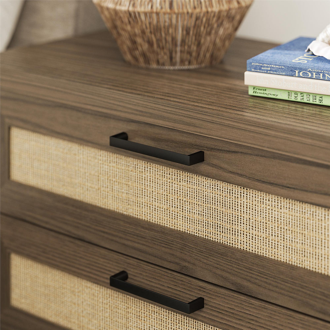 Lennon 2 Drawer Wide Nightstand with Faux Rattan - Medium Brown