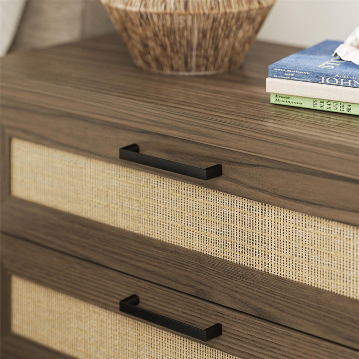 Lennon 2 Drawer Wide Nightstand with Faux Rattan - Medium Brown