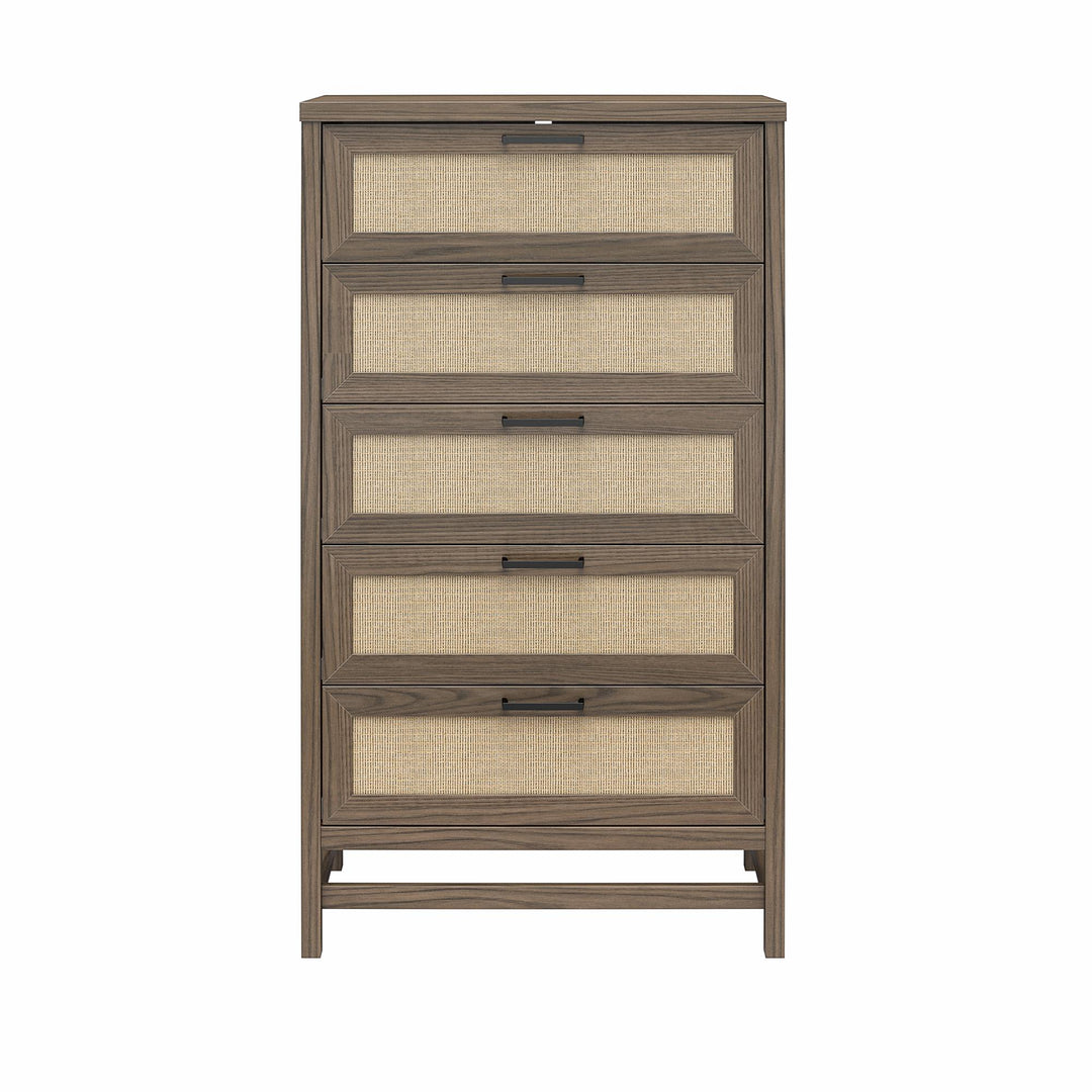 Lennon Tall 5 Drawer Dresser with Faux Rattan - Medium Brown