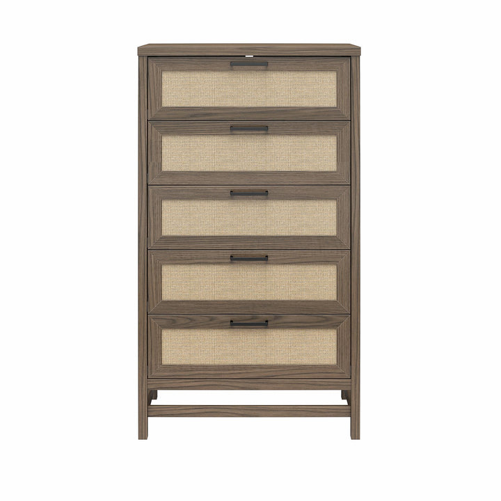Lennon Tall 5 Drawer Dresser with Faux Rattan - Medium Brown
