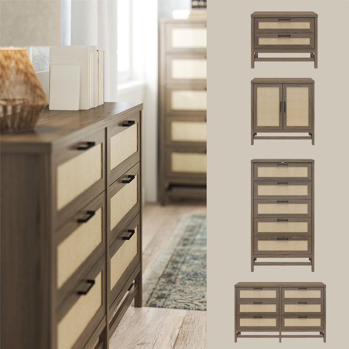 Lennon Tall 5 Drawer Dresser with Faux Rattan - Medium Brown
