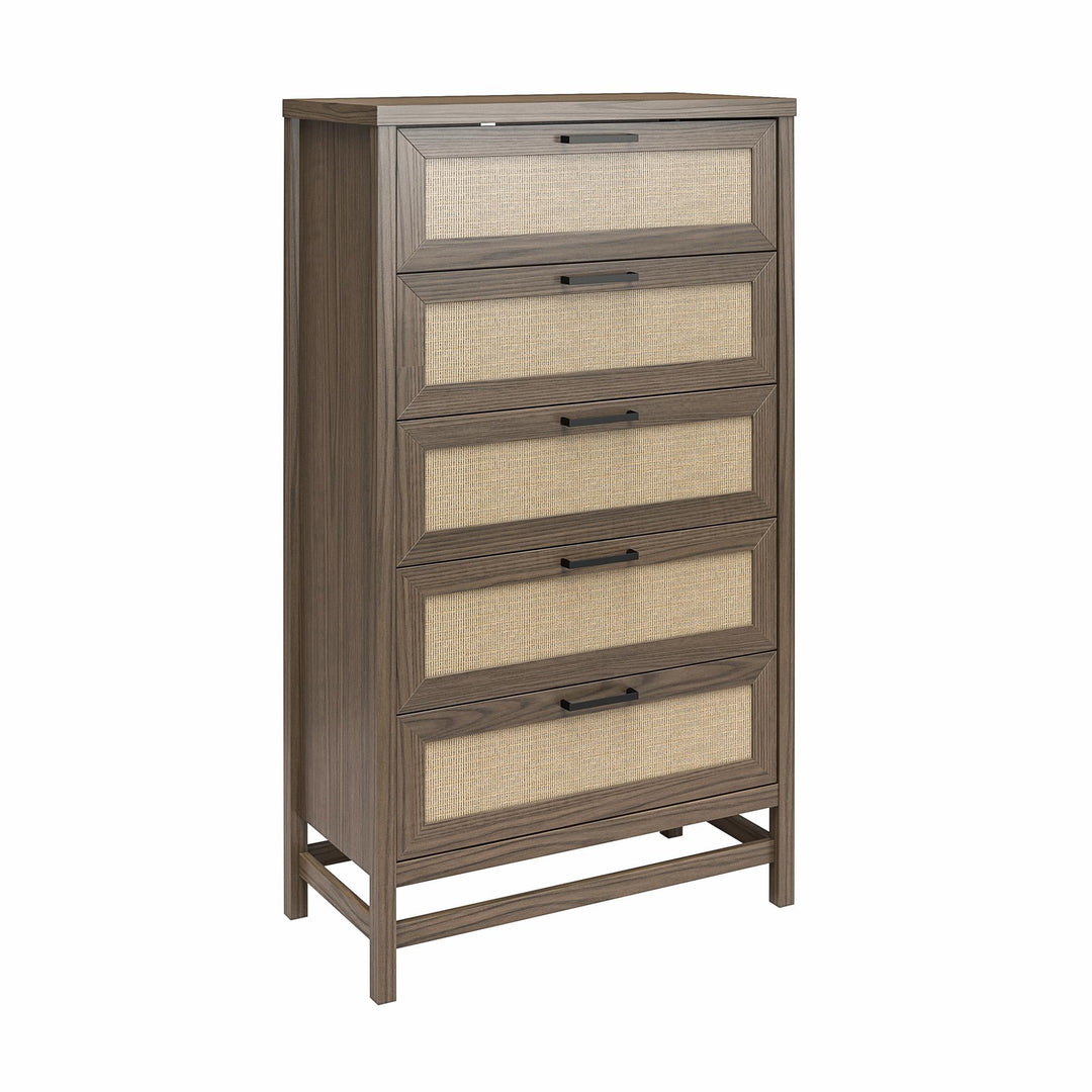 Lennon Tall 5 Drawer Dresser with Faux Rattan - Medium Brown