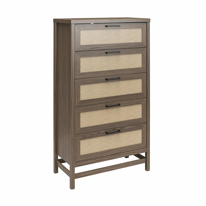 Lennon Tall 5 Drawer Dresser with Faux Rattan - Medium Brown