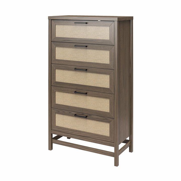 Lennon Tall 5 Drawer Dresser with Faux Rattan - Medium Brown