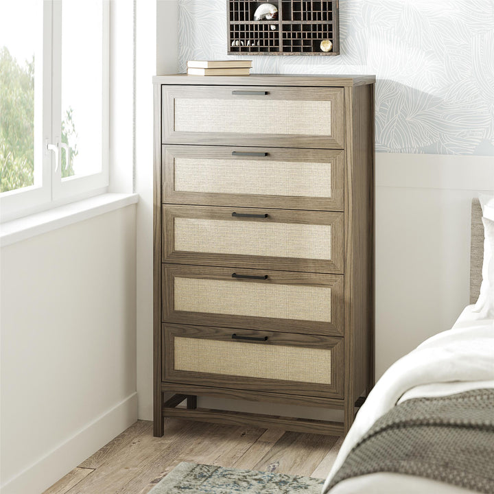 Lennon Tall 5 Drawer Dresser with Faux Rattan - Medium Brown