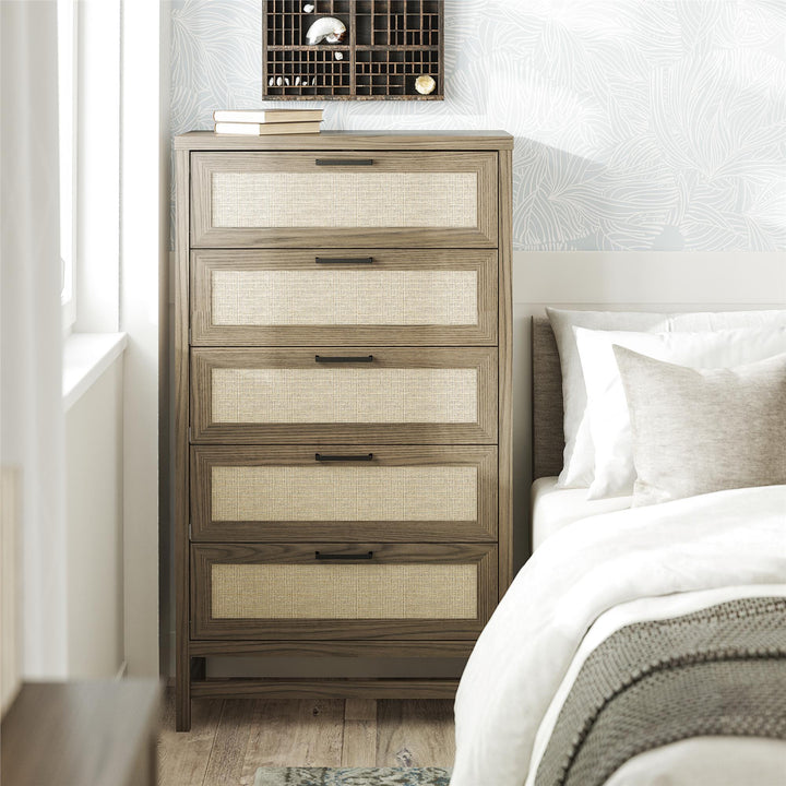 Lennon Tall 5 Drawer Dresser with Faux Rattan - Medium Brown