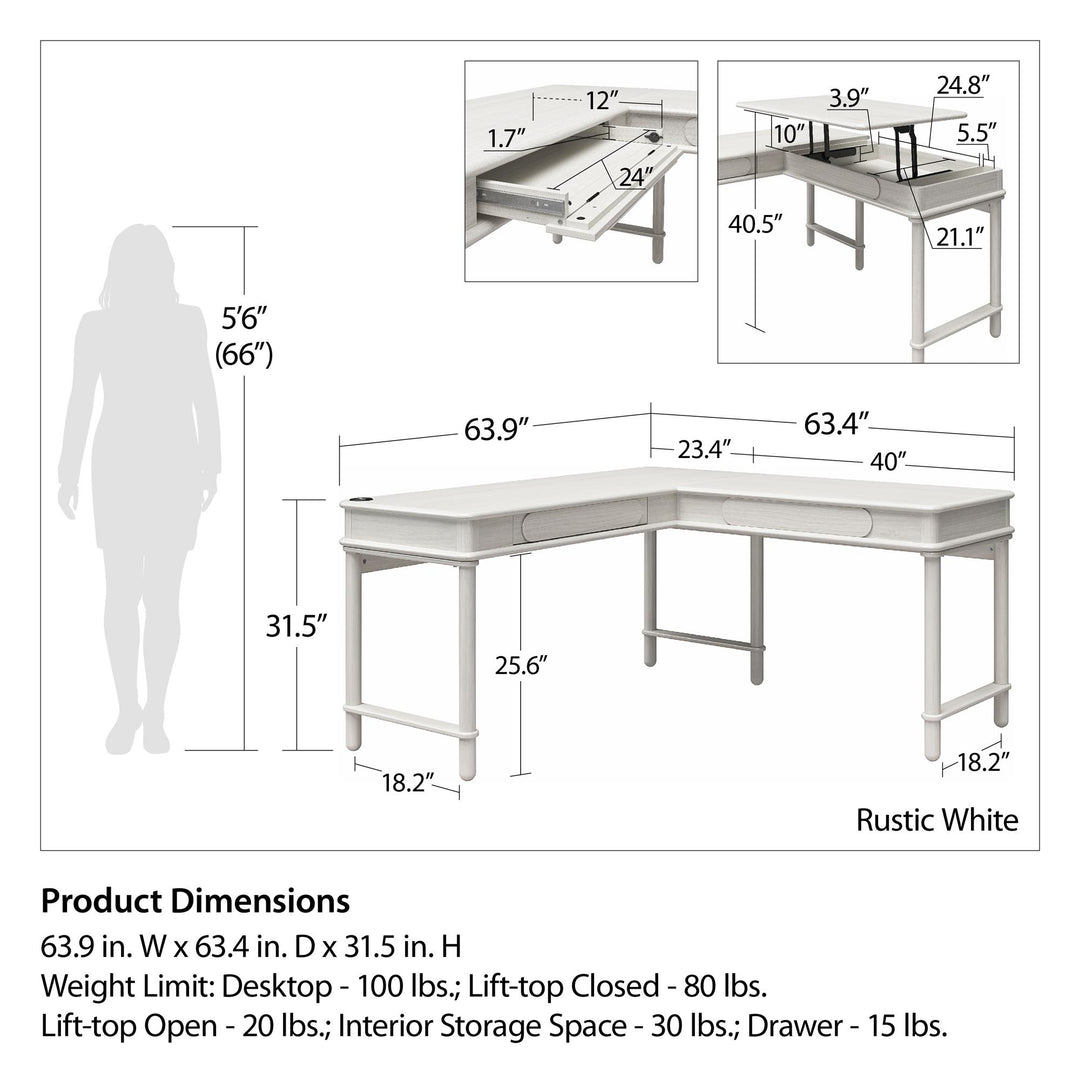 Selena Lift-Top L Desk - Rustic White