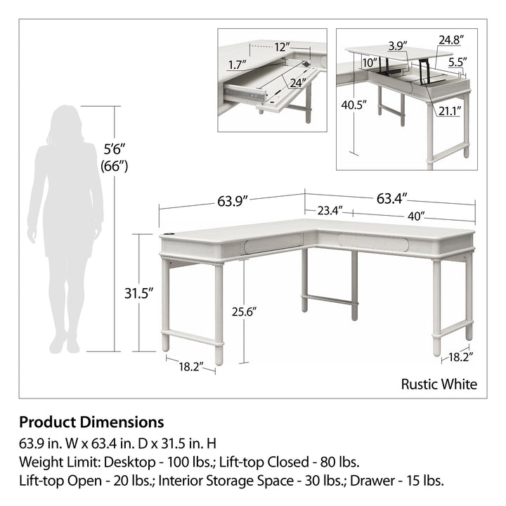 Selena Lift-Top L Desk - Rustic White