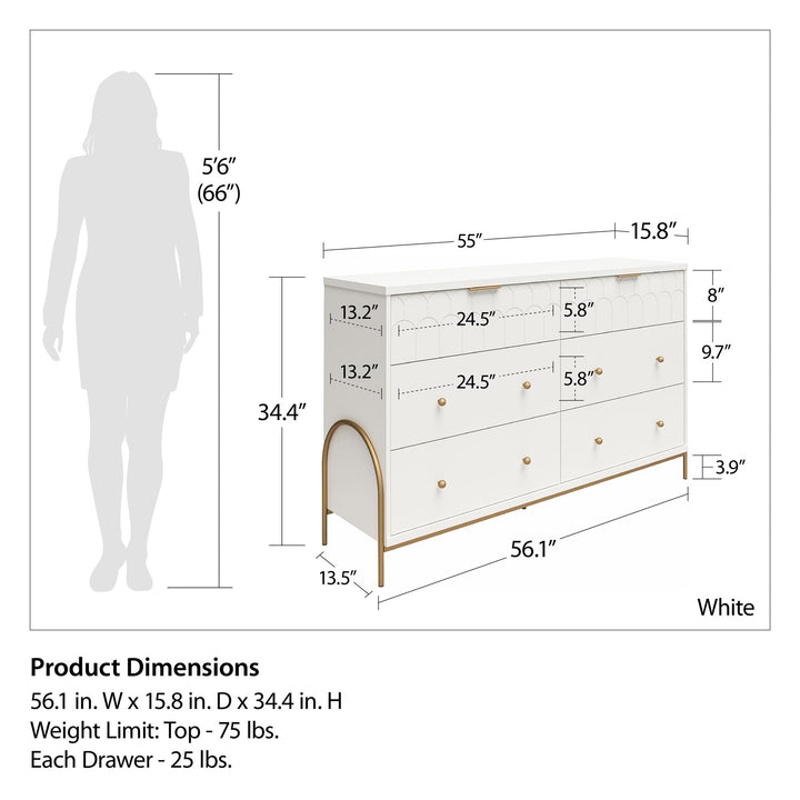 6 Drawer Dresser for Bedroom -  White