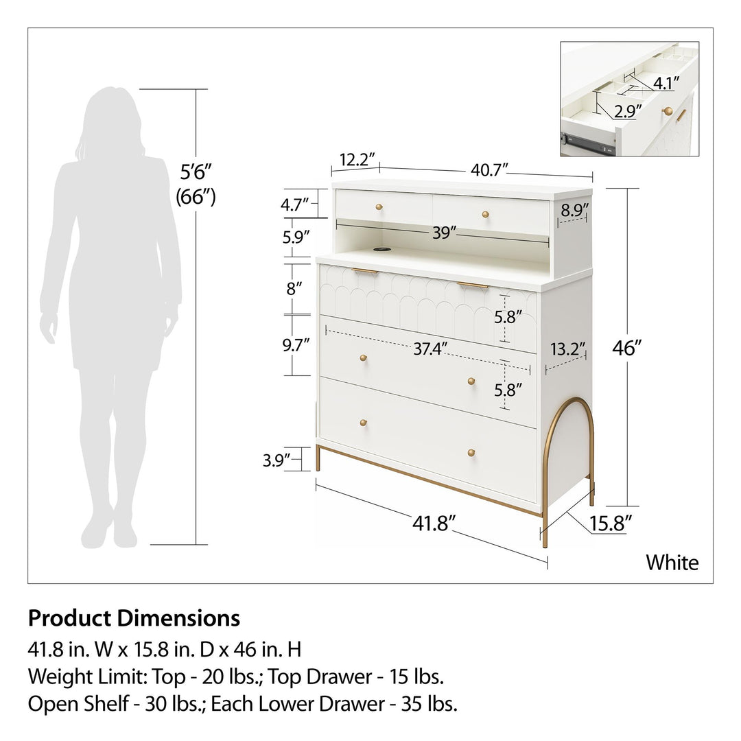4 Drawer Dresser with Storage Hutch -  White