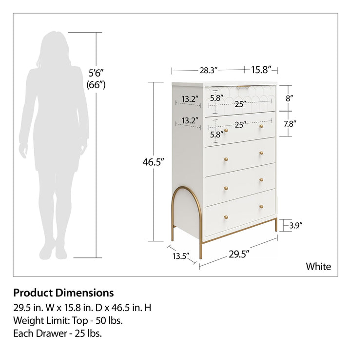 5 Drawer Dresser for Bedroom -  White